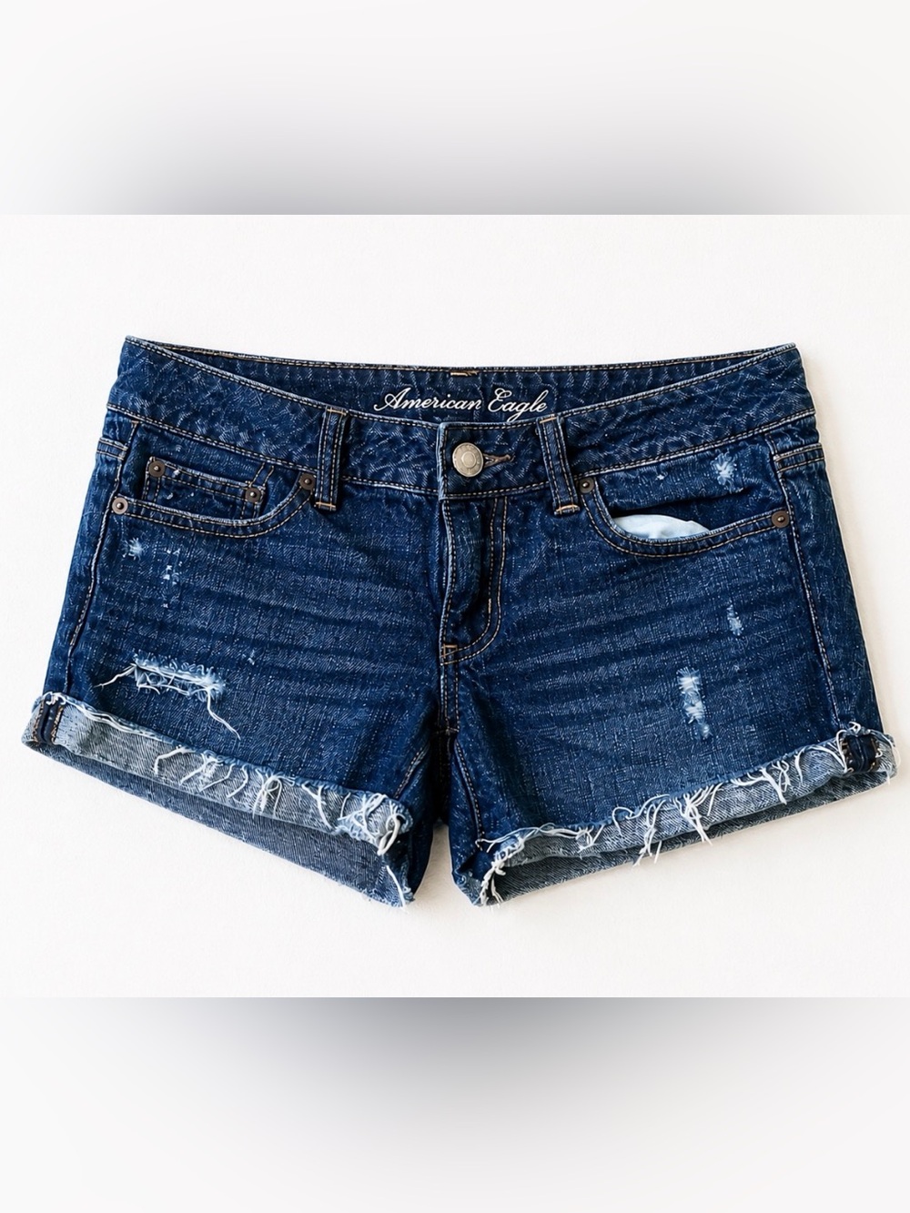American Eagle Low Rise Denim Shorts Size 6 Dark Wash Distressed Cutoff - Picture 1 of 4